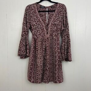 Angie Womens Burgundy Paisley Bell Sleeve Lace Up Mini Dress Small Boho Rayon